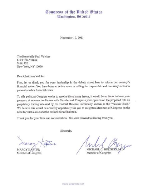 Letter To Chairman Paul Volcker U S Representative Michael Burgess