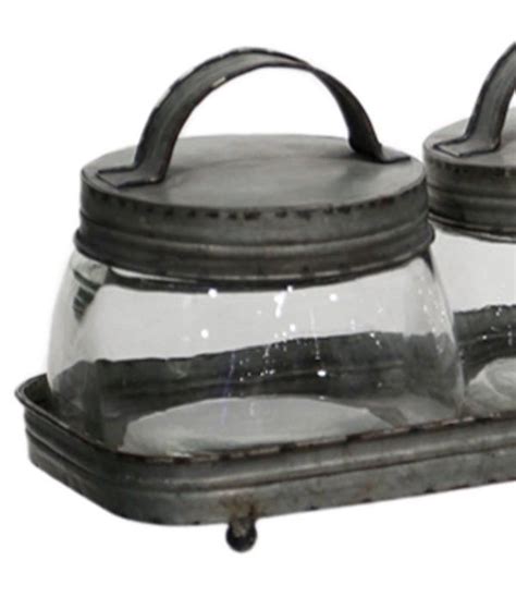 Farmhouse Vintage Style Glass Jar Set W Lids Galvanized Metal Tray