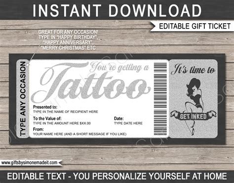 tattoo gift certificate card template diy printable gift voucher