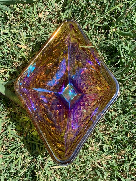 Vintage Amber Iridescent Carnival Glass Diamond Shaped Dish Etsy