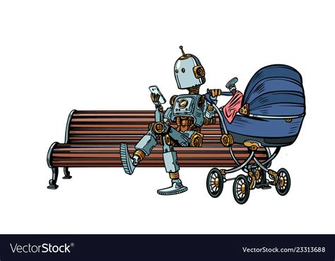 mom robot resting in park with a bastroller vector image