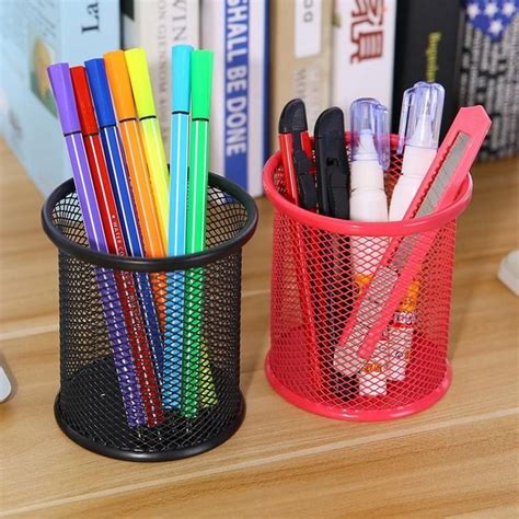 kids writing pencil  holder hollow metal office desk storage container  square