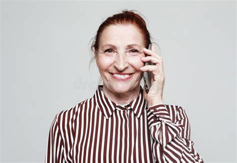 Elderly Happy Woman 70s Wear Striped Shirt Talk Speak On Mobile Cell