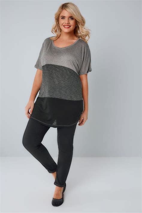 Grey And Black Colour Block Top With Gem Embellishment Plus