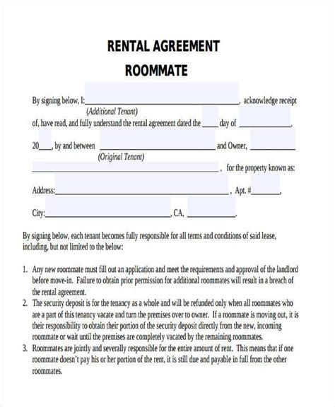 printable room rental agreement   sample room rental