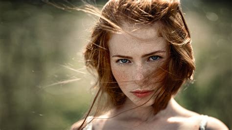 Wallpaper Face Women Redhead Long Hair Blue Eyes Freckles Solo