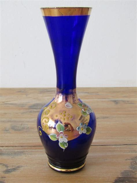 Vases Vintage Venetian Gilt And Enamel Dark Blue Glass Vase 17 5cm