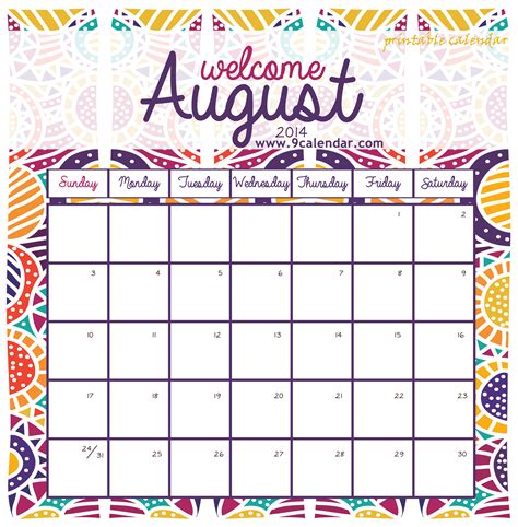 printable calendar august customize  print