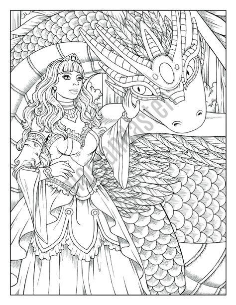 dragon princess coloring page printable adult coloring page etsy