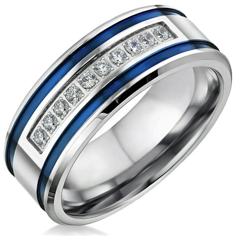 bellux style mens wedding bands stainless steel cz mm blue stripes