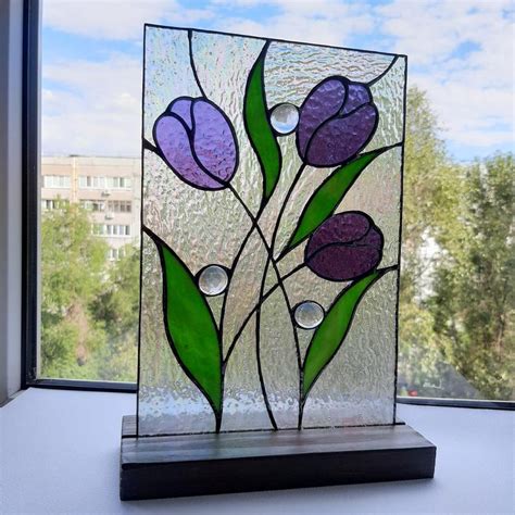 Purple Tulips Stained Glass Window Decor Suncatcher Flower