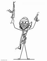 Stickman Coloring Pages Vector Ak Islamic Warrior Wonder Masked Guerilla Cartoon sketch template