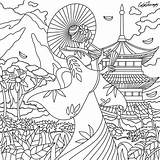Chinois Geisha Japonais Adulte Broderie Colorear Lineart Pagoda Chinoise Japonaise sketch template