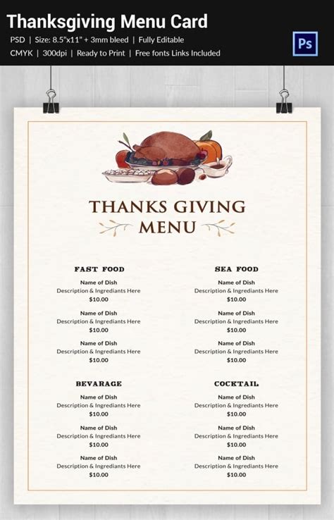 thanksgiving menu templates  sample  format