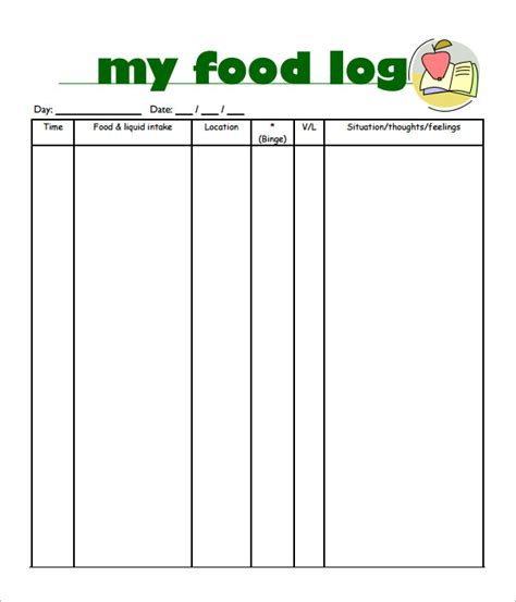 sample printable food log templates   ms word apple pages