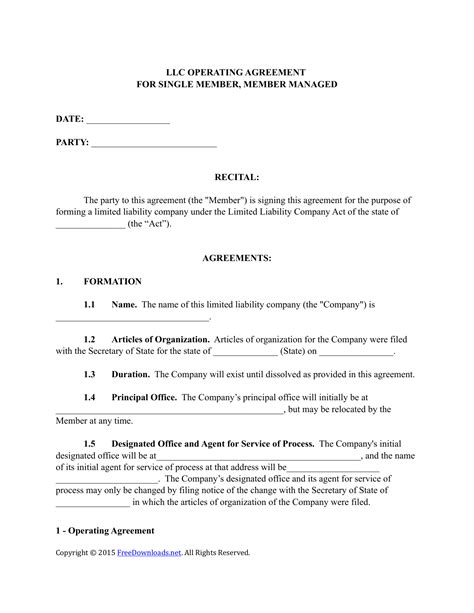 printable single member llc operating agreement template