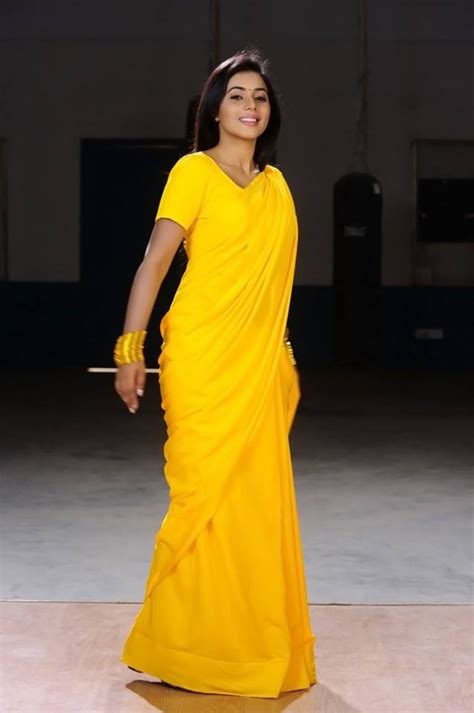 Poorna Hot In Yellow Solid Saree With Matching Blouse