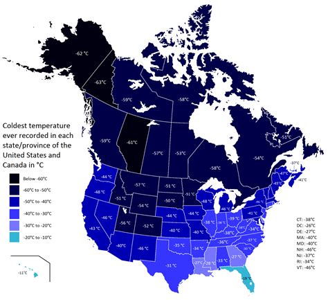 coldest temperatures  recorded   statesprovinces   united states  canada