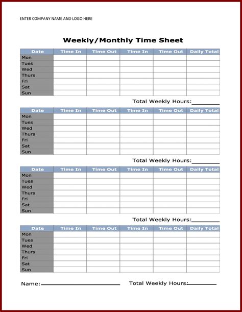 printable weekly timesheet template timesheet template time