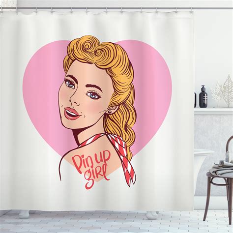 Pin Up Girl Shower Curtain Hand Drawn Effect Smiling Blonde Girl In