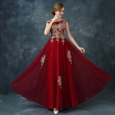 long red lace evening dress formal party prom dinner gold embroidery