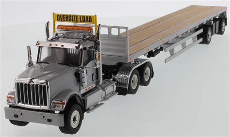 international  diecast hx tandem tractor   flat bed trailer light grey truck