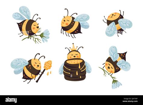 Cute Bee Cartoon Funny Vector Set Happy Funny Adorable Character Bees