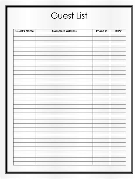 printable printable wedding guest list template  printable