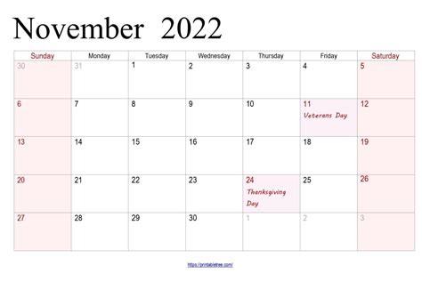 november  calendar printable  template  holidays