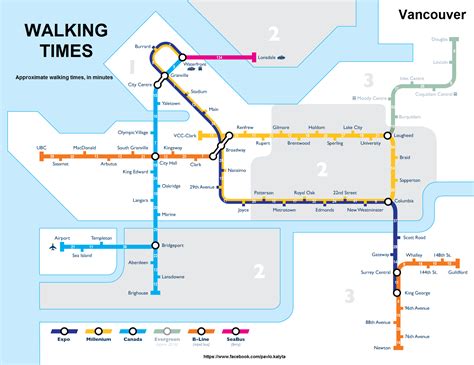 vancouver map showing walking times  skytrain stations