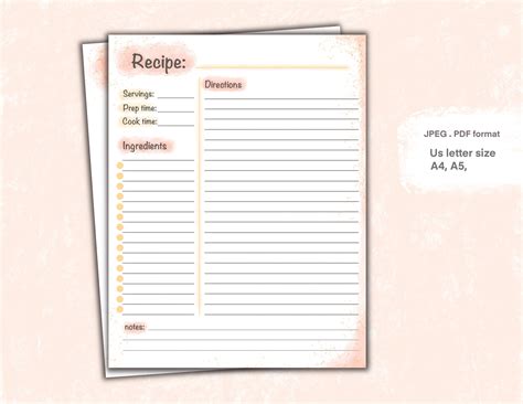 recipe template printable recipe recipe page cookbook etsy