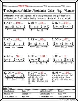 segment addition postulate color  number wintery worksheet tpt