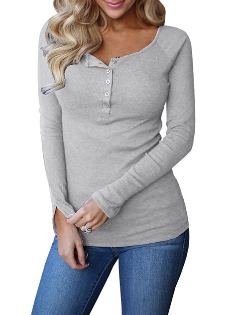 30 49 Remikstyt Womens Long Sleeve Casual Henley Shirts Knit Ribbed