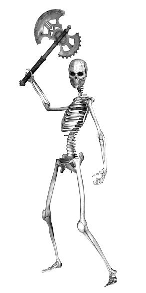 illustration of a human skeleton holding an axe stock