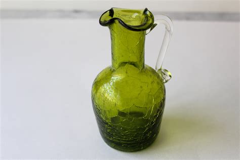 Art Glass Ewer Pitcher Ruffled Olive Green Crackle Glass C 1950s