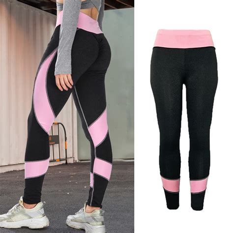 yoga pants women high waist fitness sport leggings pink gray patchwork