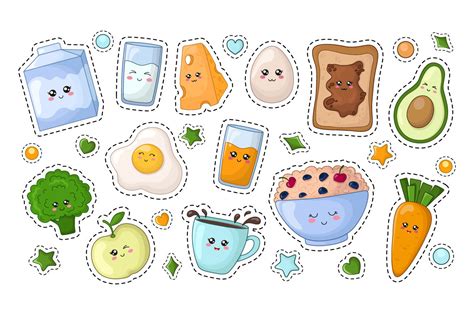 cute vector kawaii food stickers  watercolor arts thehungryjpeg