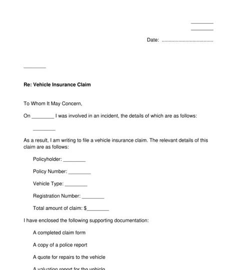 letter  claim  vehicle insurance template