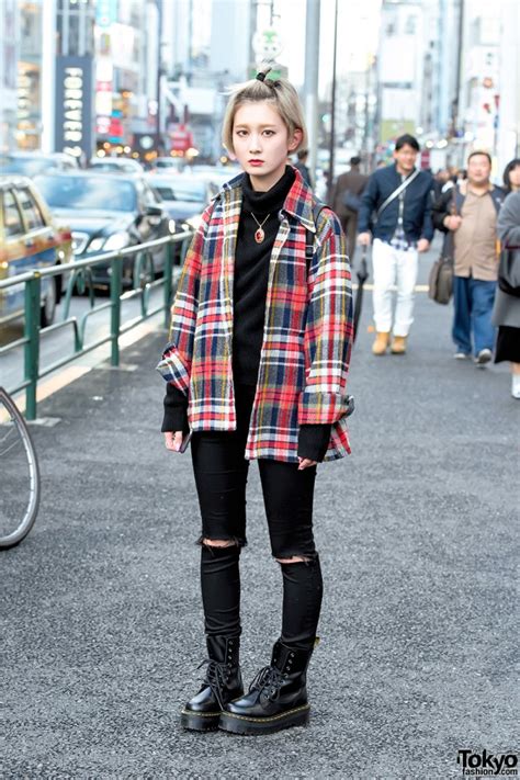 plaid shirt ripped skinny jeans dr martens boots and unif backpack in harajuku