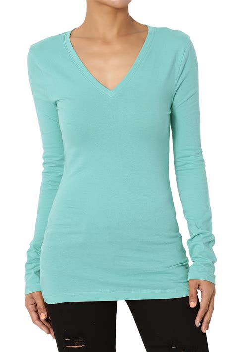 themogan womens basic plain solid  neck long sleeve tee cotton fitted