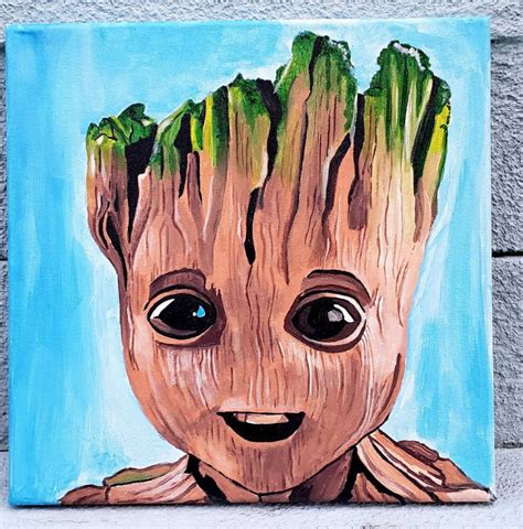 baby groot acrylic painting  stretched canvas etsy