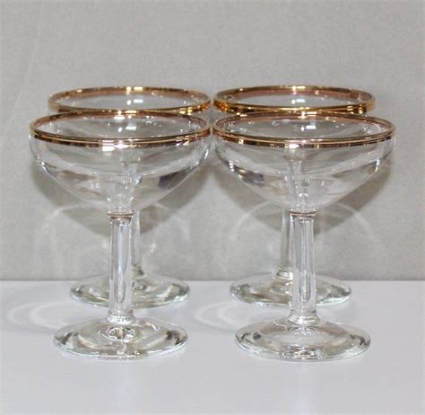 Vintage Set Of 4 Gold Rim Champagne Glasses Tall Sherbet Vintage