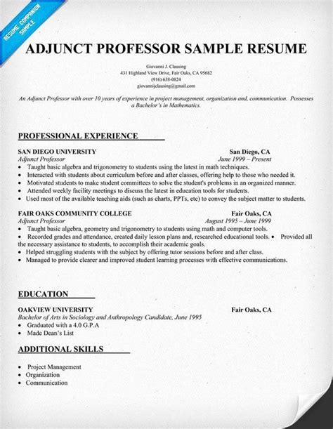 entry level adjunct professor resume  resume   adjunct