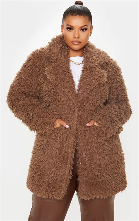 brown teddy faux collar coat prettylittlething usa