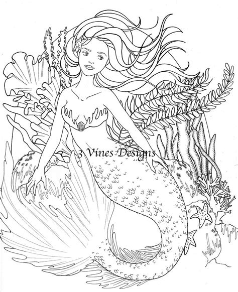 mermaid coloring page aquatic  etsy mermaid coloring pages