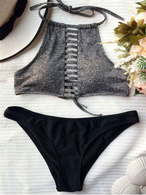 color block lace up bikini set black grey s cute swimsuits cute