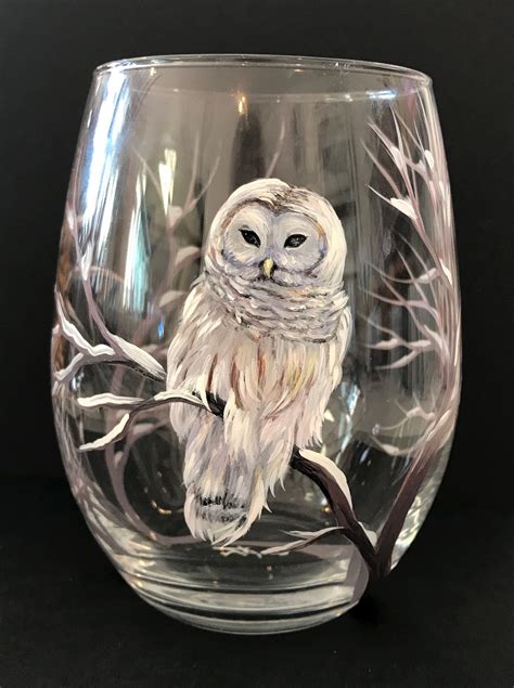 Snow Owl Wine Glass Hand Painted White Winter Bird Nature One Owl