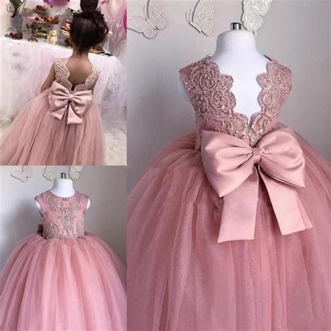 Dusty Pink Flower Girls Dresses Back Bow Tulle Appliques Girls First