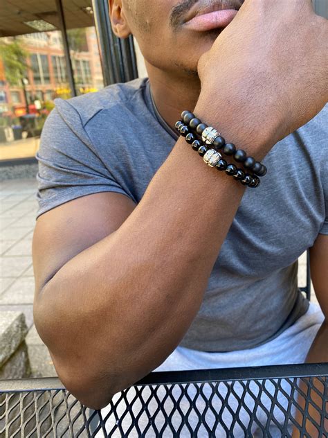Beaded Bracelet Set Of 2 Black Matte Onyx Beaded Bracelets With