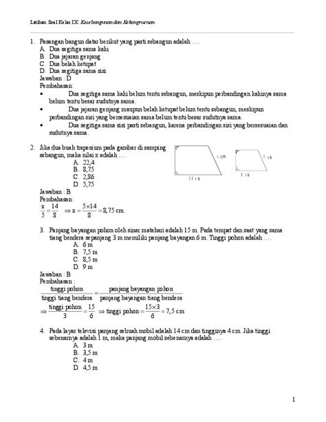contoh soal kesebangunan dan kekongruenan beserta jawabannya contoh